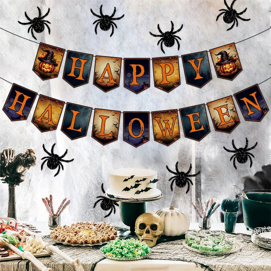 Happy Halloween Banner And Hanging Spider Garland Trick Or Treat