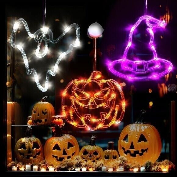 Halloween Pumpkin Bat Witch Lights 3 Pack with Suction Cup Window