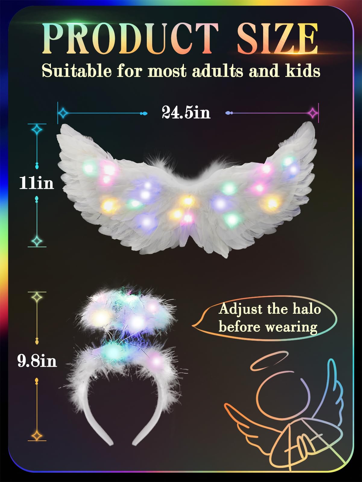 Halloween LED Angel Wings and Halo, Light Up Angel Halo White Fairy