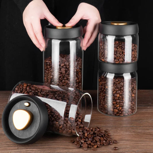 Vacuum Sealed Jug Set Black Coffee Beans Glass Airtight Canister