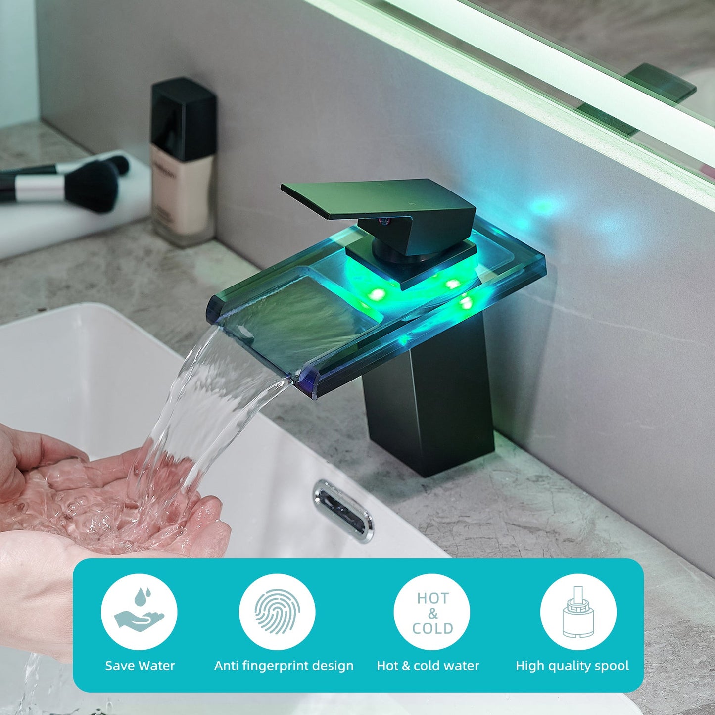 Bathroom Sink Faucet LED Light 3 Colors Changing Waterfall Glass Spout