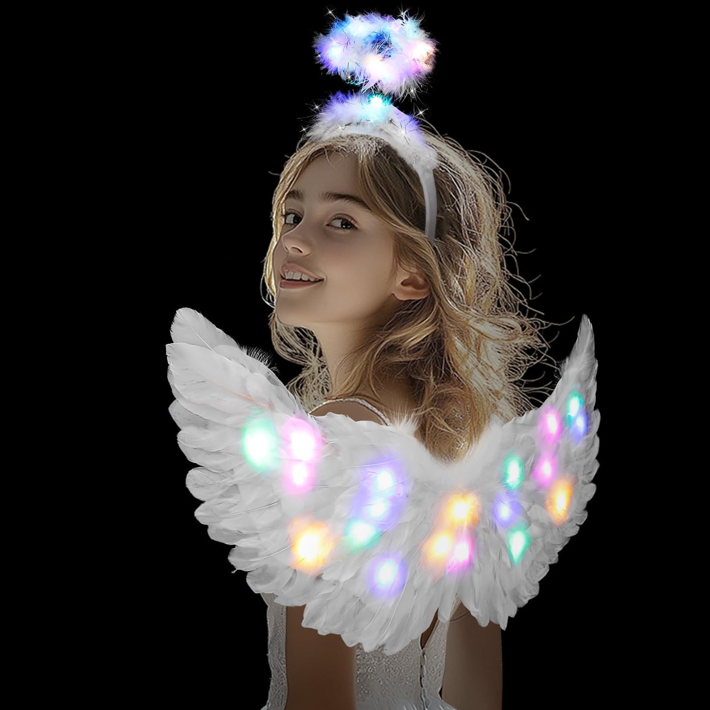 Halloween LED Angel Wings and Halo, Light Up Angel Halo White Fairy