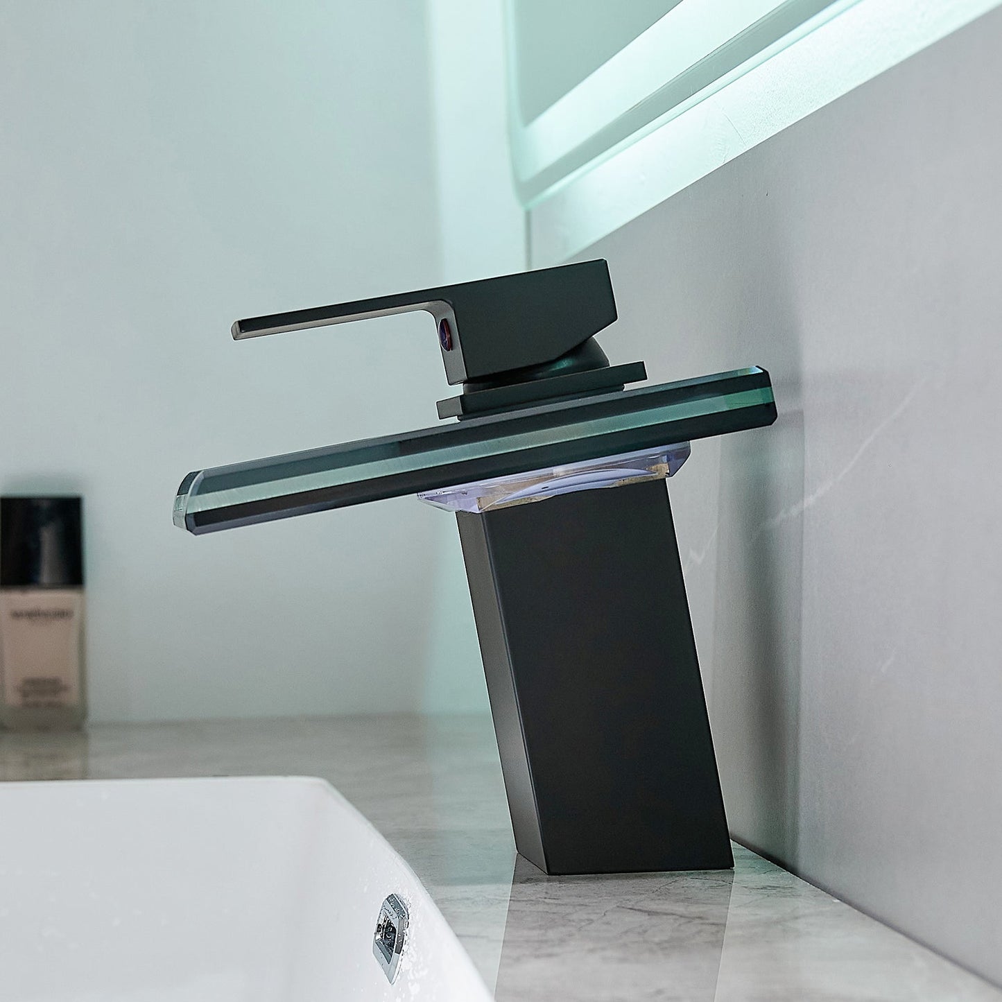 Bathroom Sink Faucet LED Light 3 Colors Changing Waterfall Glass Spout