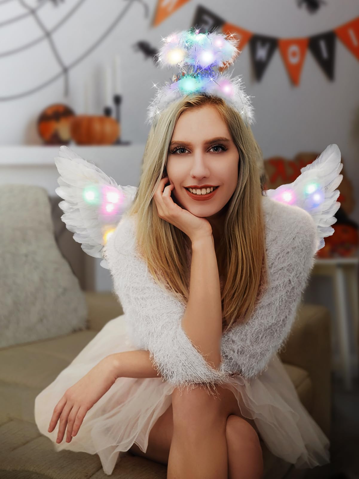 Halloween LED Angel Wings and Halo, Light Up Angel Halo White Fairy