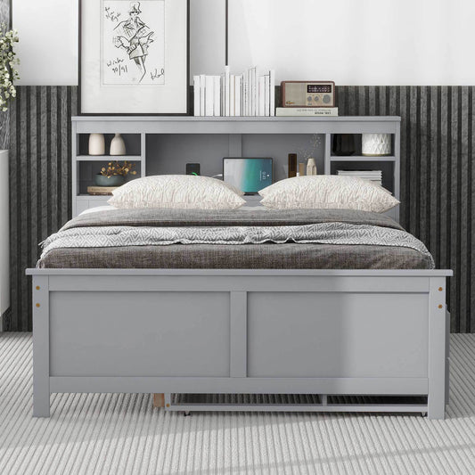 Full Size Platform Bed with Storage Headboard, USB, Twin Size Trundle