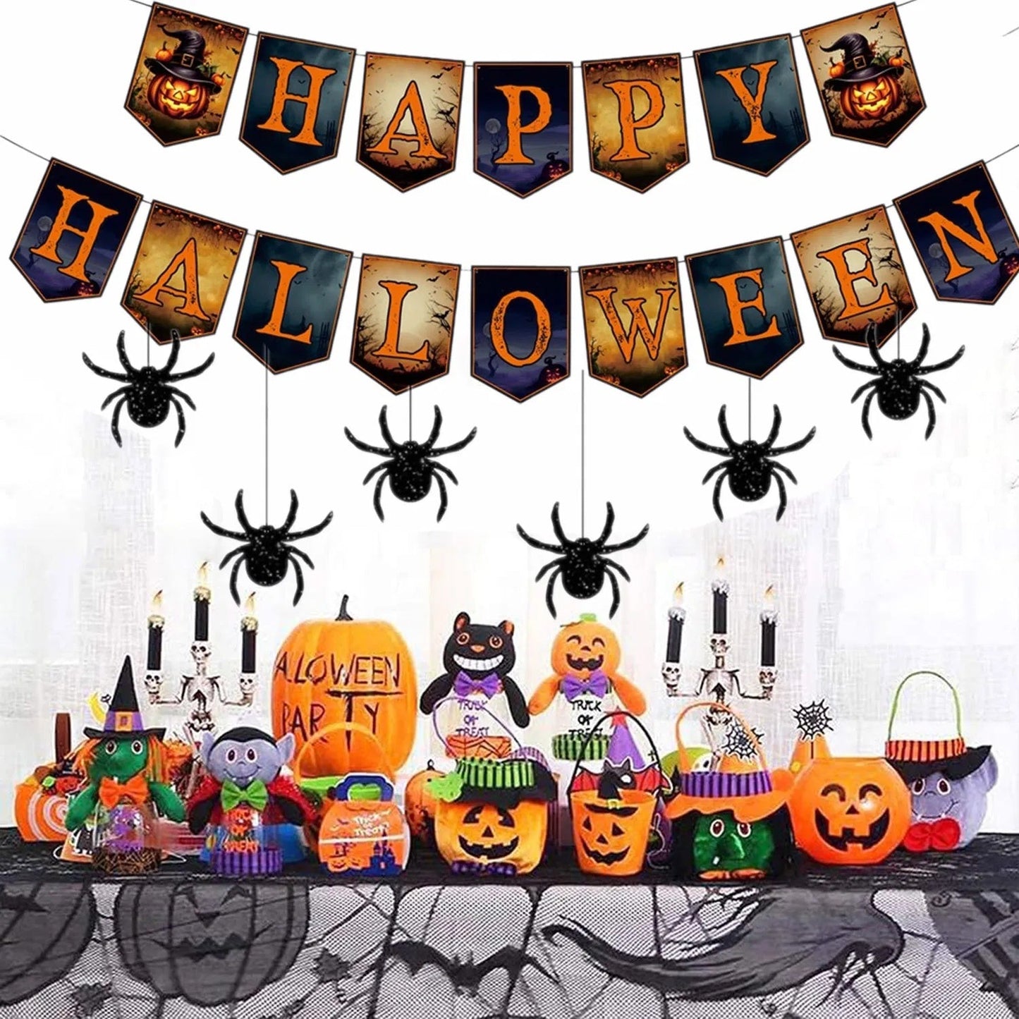 Happy Halloween Banner And Hanging Spider Garland Trick Or Treat