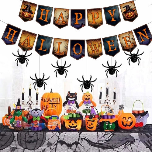 Happy Halloween Banner And Hanging Spider Garland Trick Or Treat